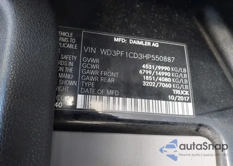 2017 Mercedes-Benz Sprinter 3500 High Roof V6 z USA, uszkodzony, nr VIN WD3PF1CD3HP550887